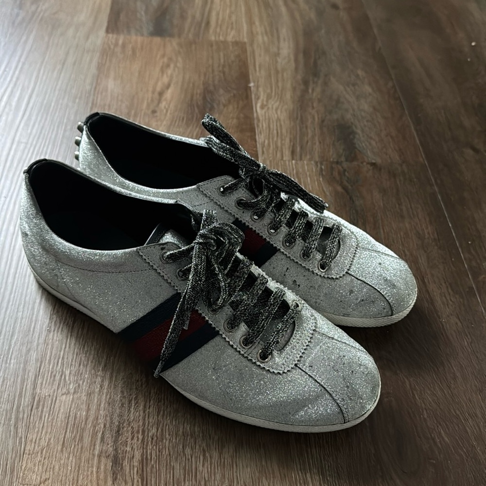 Gucci Silver Glitter Sneakers with Red & Blue Stripe